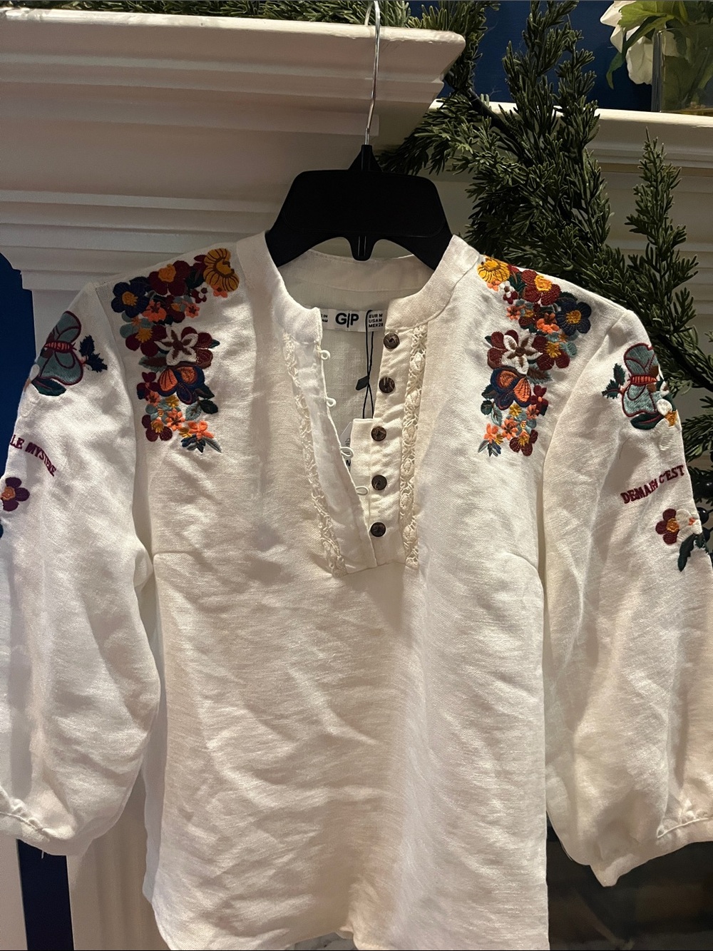 White Floral Embroidered Peasant Blouse